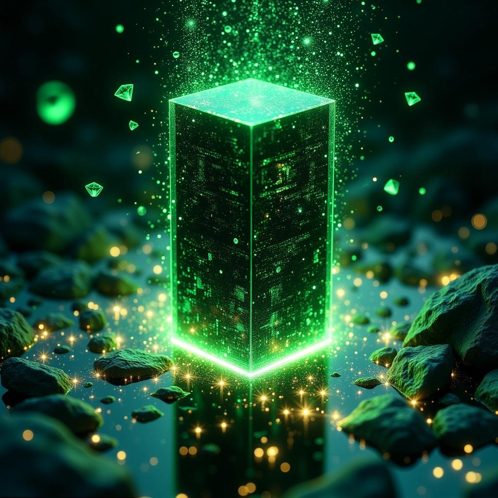 A glossy emerald monolith of digitized data glowing in the dark, ringed by sparking energy flashes.