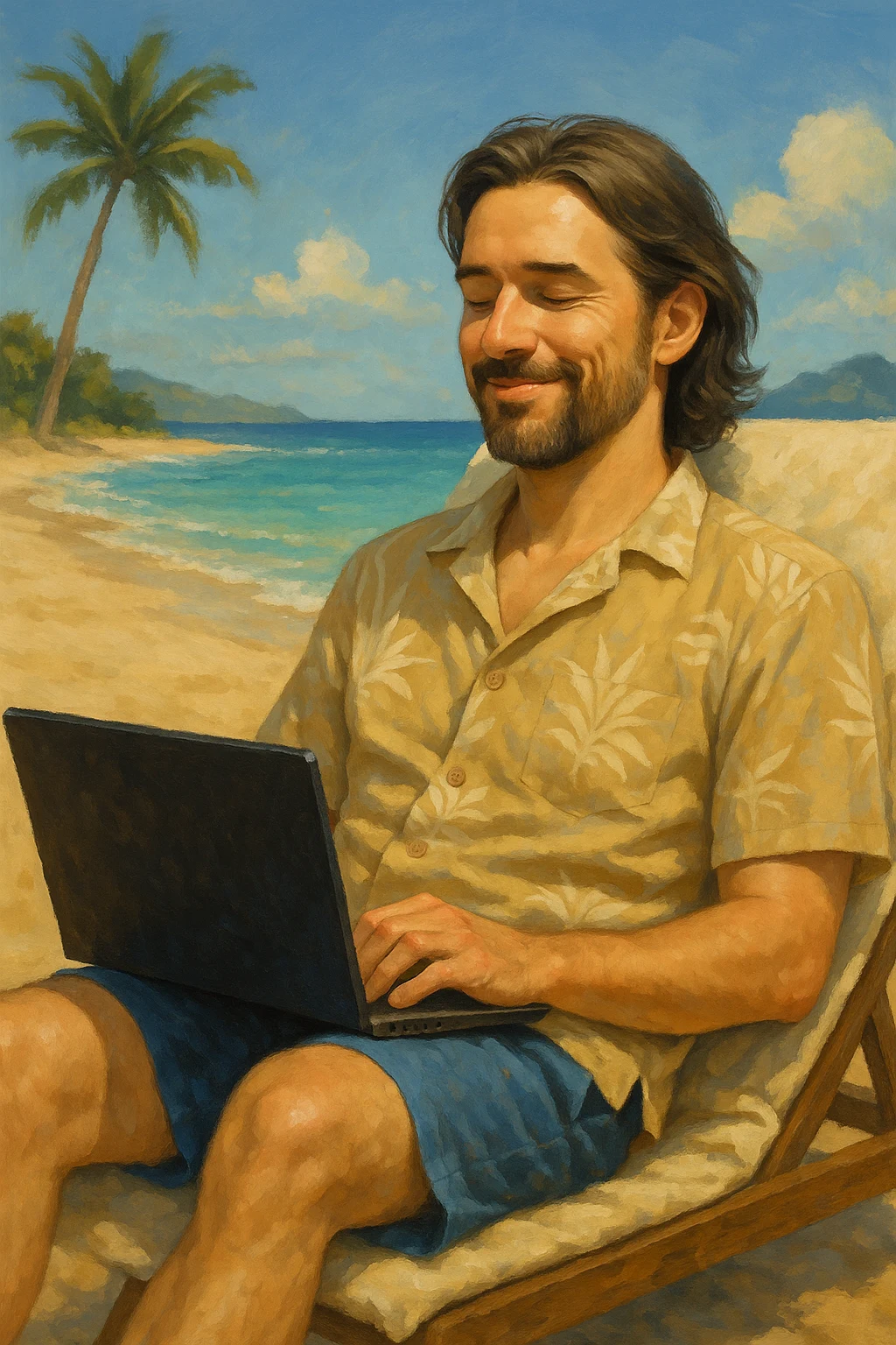 Vacation Dion relaxing on the beach with laptop